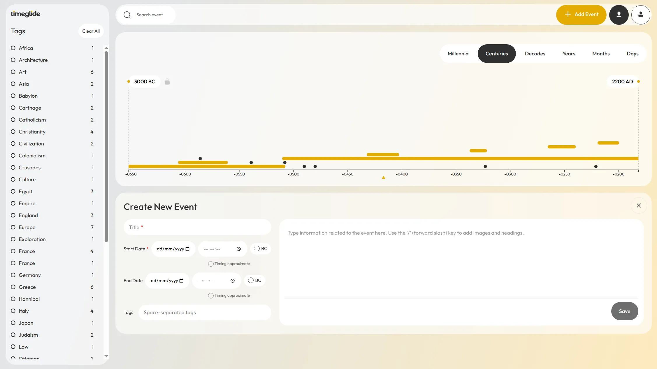 TimeGlide event editor wiht simple date and media fields